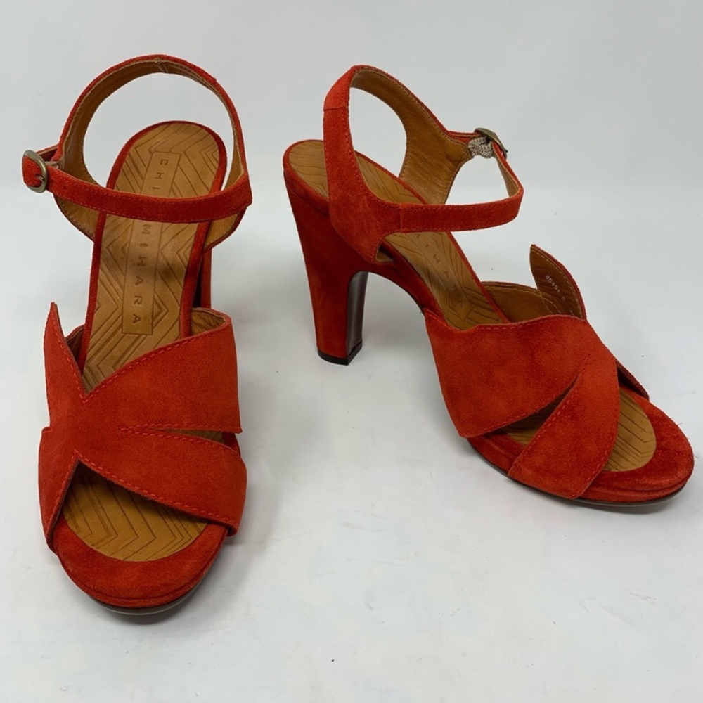 Chie Mihara Orange Red Suede Open Toe Heels, 38/8